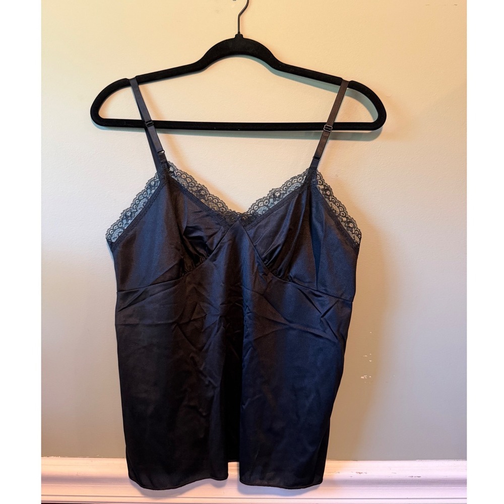 Vintage 1970s Deena Black Nylon Lingerie Camisole Top Lace Trim USA Made Size 36